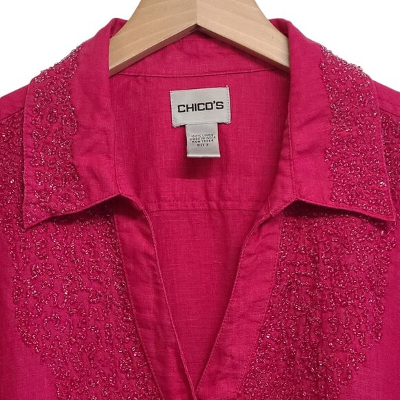 Chicos Linen Tunic Womens 3 Fuchsia Pink Beaded Button Front Lagenlook R… - Picture 4 of 7